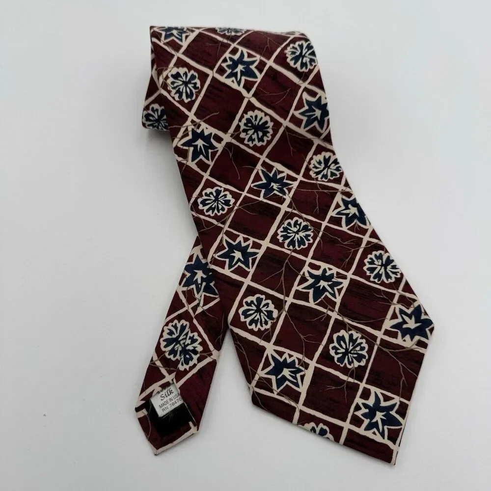 Vintage Gordon Ferguson Burgundy Silk Necktie Navy Blue Abstract Geometric